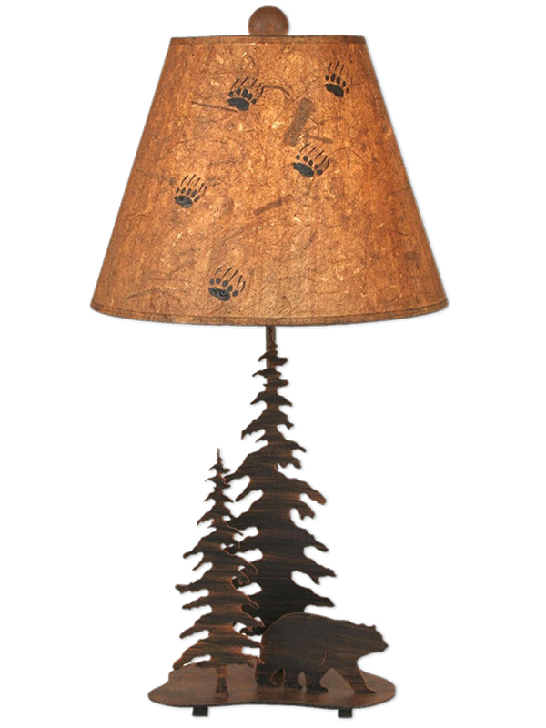 Iron Bear and Evergreen Forest Rustic Cabin Lamp